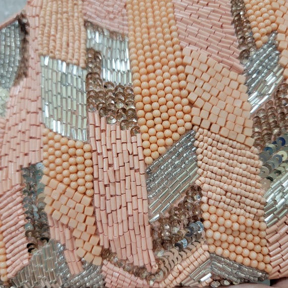 Antik Kraft Beaded Sequin Geometric Peach Silver Tasseled Pouch Travel Bag Purse - Picture 3 of 7